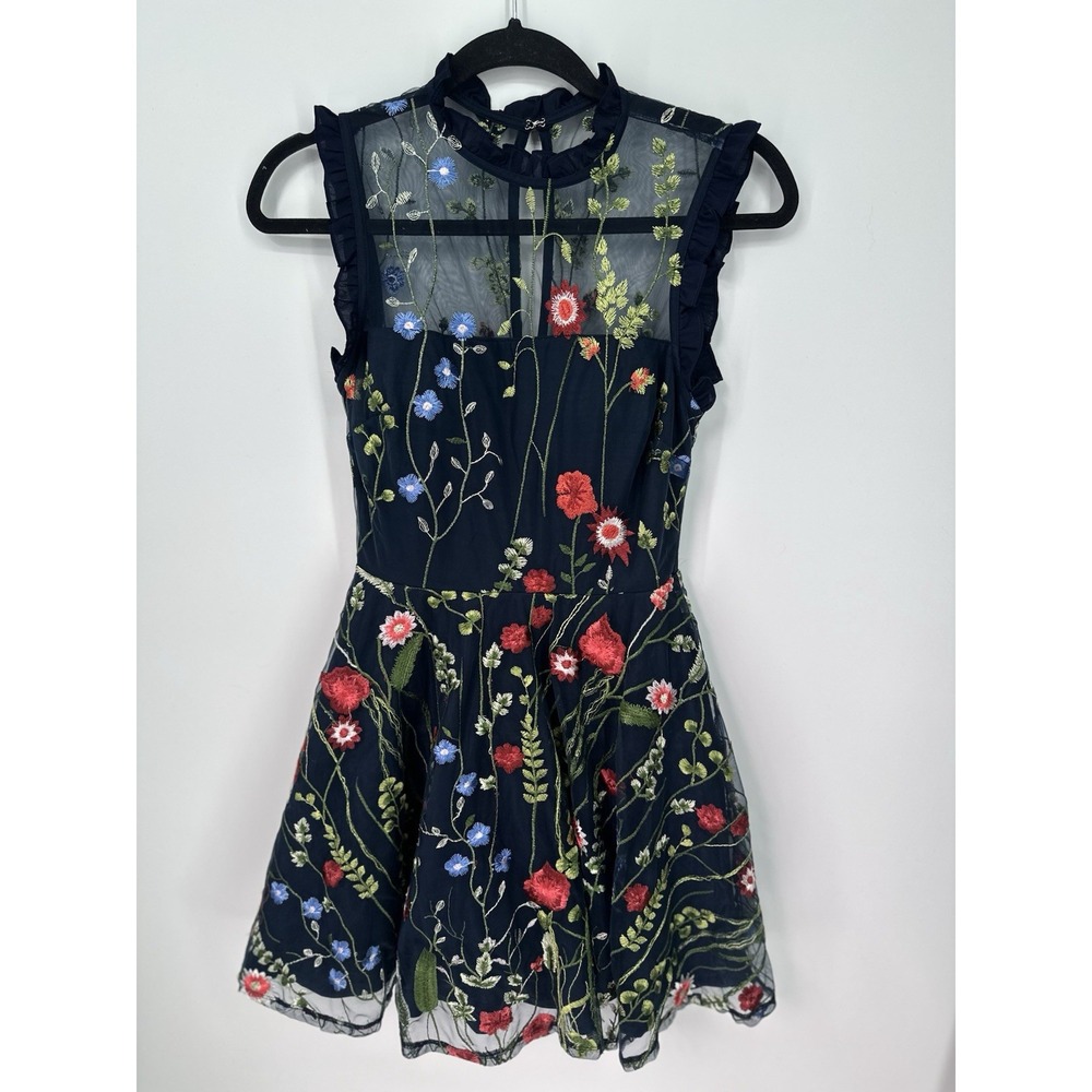 City Studio Dress Size 1 Navy Floral Embroidered Mesh Fit Flare Mini Party